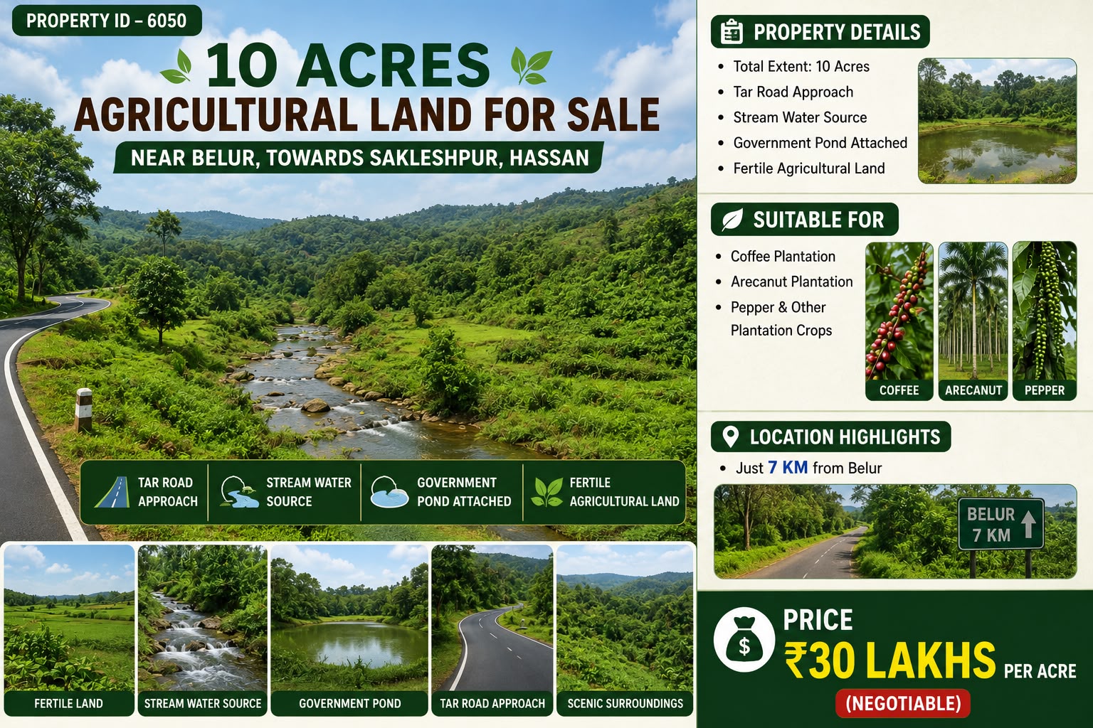 🆔 *PROPERTY ID – 6050* 🌿 *10 Acres Agricultural Land for Sale – Near Belur